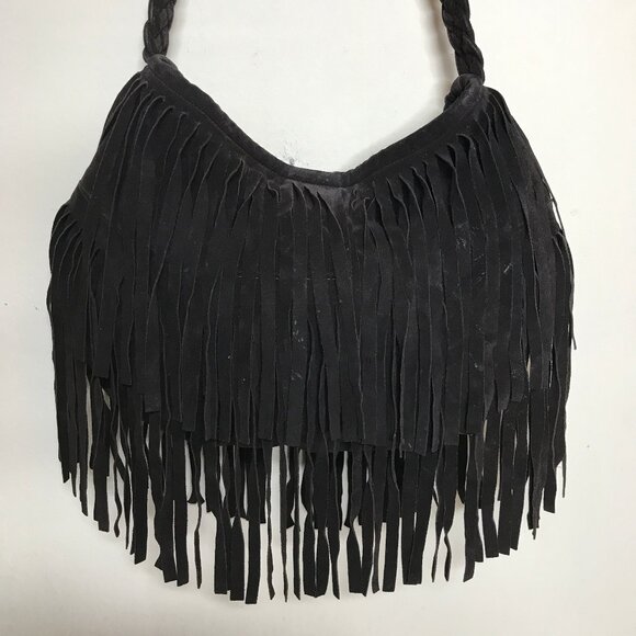 J.J. Winters Fringe Suede Black Boho Hippie Crossbody Shoulder Bag Braided Strap - Picture 2 of 14